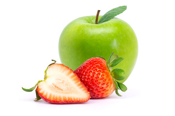 Fresh organic red berry strawberries with half slice and green apple with leaf isolated on white background. 