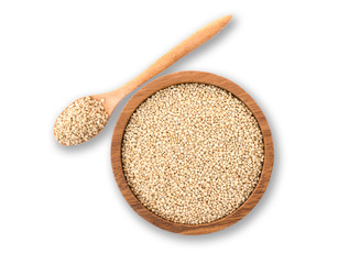 real quinoa seeds ( Chenopodium ) in wooden bowl and spoon isolated on white background.