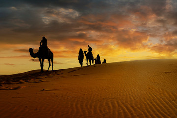 Caravan of camel in the sahara desert of Morocco at sunset time	 - obrazy, fototapety, plakaty