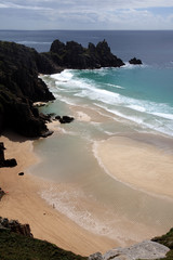 Porthcurno (England), UK - August 16, 2015: Porth Chapel beach, Porthcurno, Cornwall, England, United Kingdom.