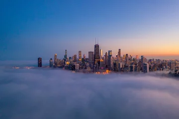 Fotobehang Chicago Downtown Chicago Covered in Fog at Dusk
