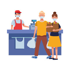 couple using face masks in supermarket