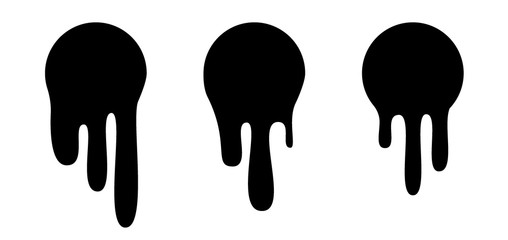 Melt drip stickers or circle labels. Vector liquid drops icons for graffiti blob stickers. Black liquid or melted chocolate drips, current paint.