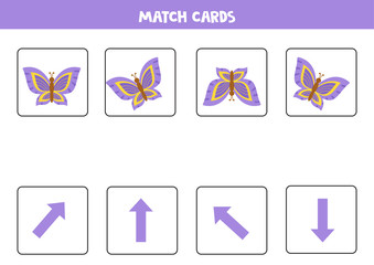 Spatial orientation for children. Match butterflies and arrows.
