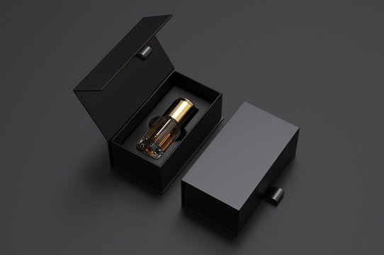 Blank oud bottle with hard paper box for branding. 3d render illustration.