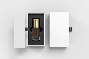 Blank oud bottle with hard paper box for branding. 3d render illustration.