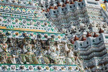 Wat Arun Temple details in bangkok Thailand. Closeup