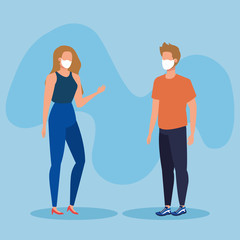 young couple with face mask avatar character vector illustration design