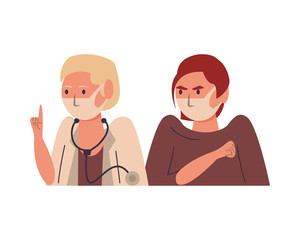 female doctor and patient using face masks characters