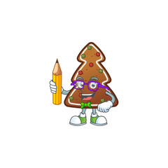Gingerbread tree student cartoon character studying with pencil