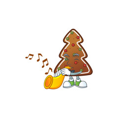 A brilliant musician of gingerbread tree cartoon character playing a trumpet
