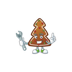A mechanic gingerbread tree mascot character fix a broken machine