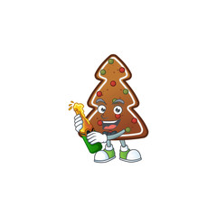 Mascot cartoon design of gingerbread tree making toast with a bottle of beer