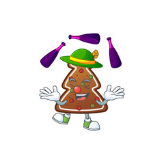 mascot cartoon style of gingerbread tree playing Juggling on stage