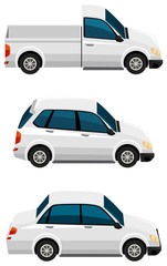 Set of different types of cars in white color