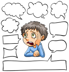 Different shapes of speech bubbles and sad man