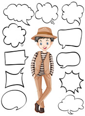 Different shapes of speech bubbles and happy man