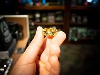 Ring of power aka One ring detailed shot in hand. Shot in New Zealand 