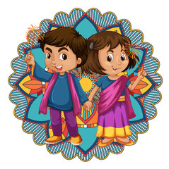 Mandala pattern design with two happy kids