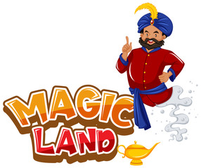 Font design for word magic land with giant coming out of the lamp