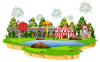 Scene with many rides in the circus park