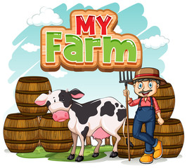 Font design for word my farm with farmer and cow