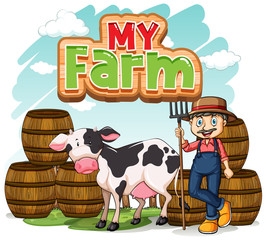 Fototapeta premium Font design for word my farm with farmer and cow