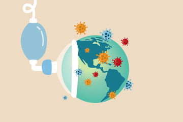 COVID-19 novel Coronavirus pandemic disease, world spreading outbreak in critical concept, planet earth or world globe with map of Americas United States using resuscitator, COVID-19 virus pathogens.
