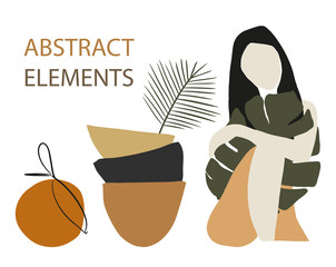 Summer clipart set. Woman, orange, plates with tropical leaf. Abstract trendy elements and shapes. 