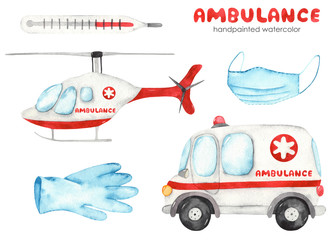 Watercolor set with ambulance, ambulance helicopter, mask, thermometer, gloves © MarinaErmakova