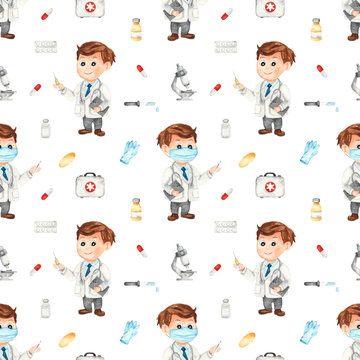 Watercolor seamless pattern with doctor, doctor suitcase, microscope, pills on a white background