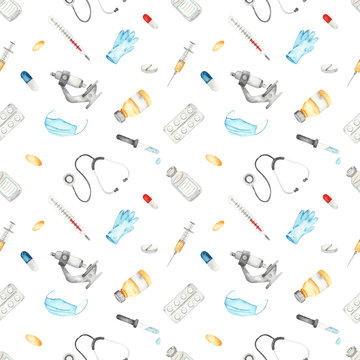 Watercolor seamless pattern with medical instruments and medicines on a white background.