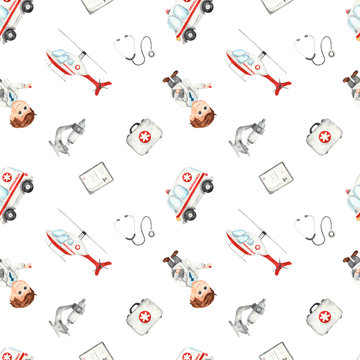 Watercolor seamless pattern with medical tools, ambulance, doctor, helicopter on a white background
