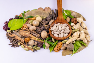 Front view closeup shot of herbal tablets in a wooden spoon with scattered whole spices and herbs in the background