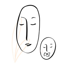 Motherhood symbol. Mother with baby illustration. Maternity line brush artwork.