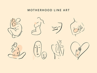 Motherhood line art. Mother with child illustration set.