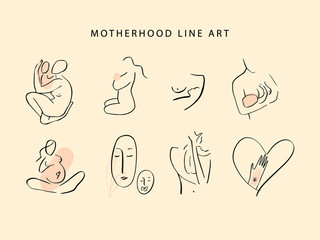 Motherhood line art. Mother with child illustration set.
