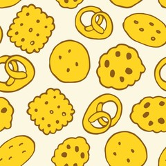 Vector seamless repeat pattern with crackers, cookies, biscuits and pretzels of different shapes in natural food yellow colors tossed on a cream ivory off-white background