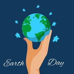 Human hand holding Earth globe, save the planet and the world, ecology concept cartoon vector illustration. Earth day poster for ecology protection and recycling enviroment.