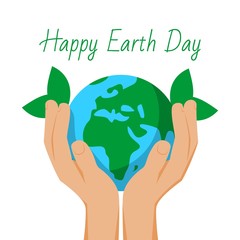 Happy earth day with human hands holding Earth globe, save the planet and the world, ecology concept cartoon vector illustration. Earth day poster for eco protection and recycling enviroment.