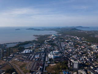 aerial view of the city around the picturesque mountains at sunrise