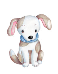 Watercolor hand drawn illustration of cute cartoon white and spots dog, puppy. Isolated.