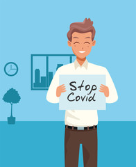 young man with stop covid19 banner character