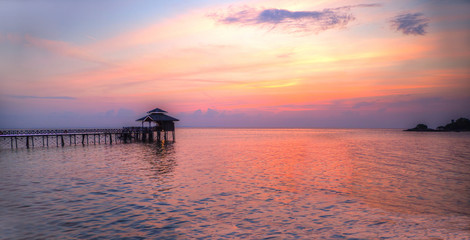 Fototapeta na wymiar Panorama of Romantic Tropical Sunset on Bintan Island, Indonesia