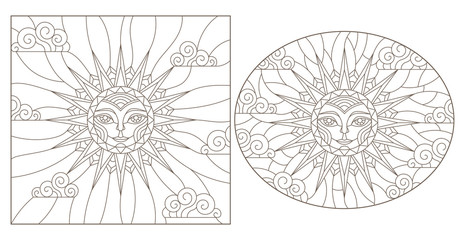 Set contour illustrations of stained glass sun with face, oval and square image, dark outline on a white background , isolate
