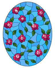Illustration in the style of stained glass with intertwined pink roses and leaves on a blue background, oval image