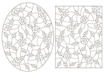 Set contour illustrations in the stained glass style, abstract flowers of roses , dark outline on a white background