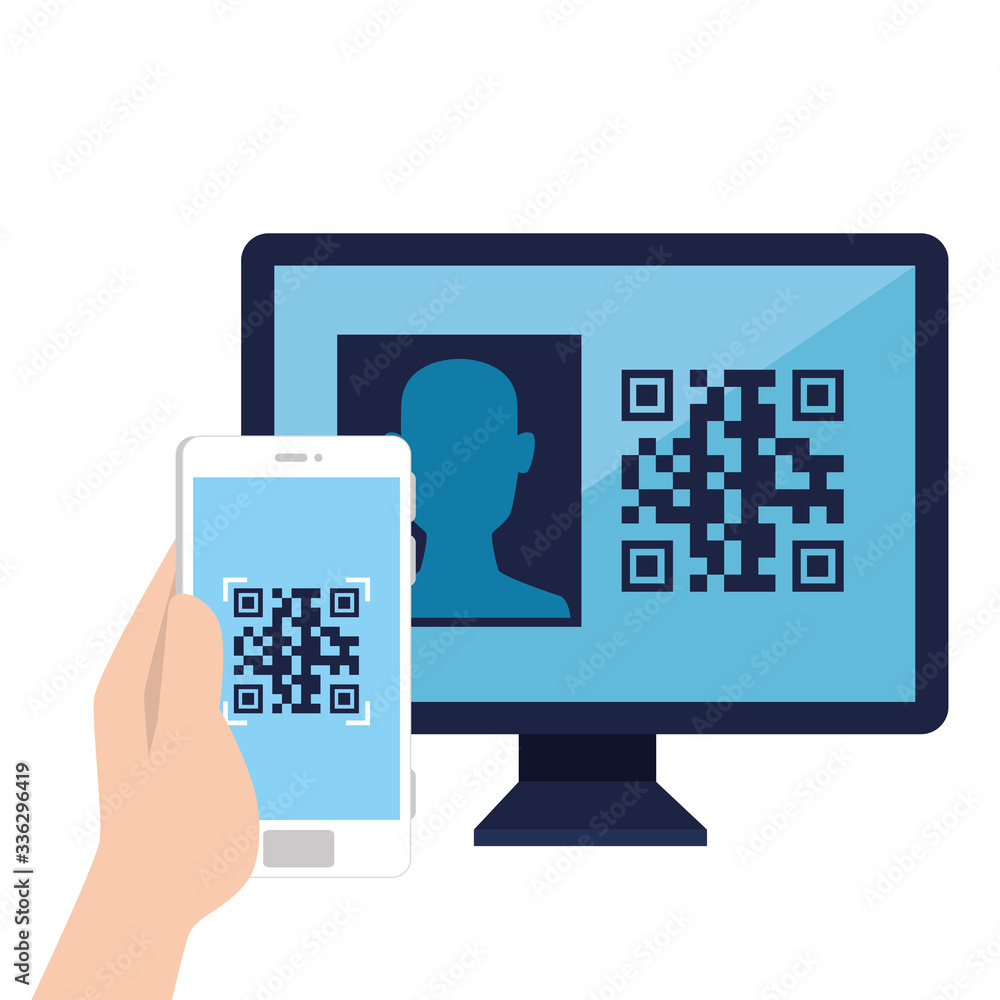 Poster qr code inside computer and smartphone design of technology scan information business price communic