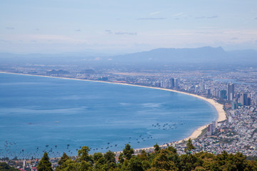 Fototapeta premium Vietnamese landscape, beautiful view from top of a mountain on the bay of Danang, view from the sea from the top