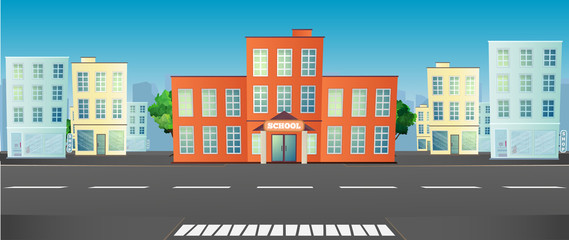 Vector illustration of a school in the city center. School, buildings, city.